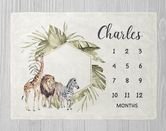 Safari Milestone Blanket, Baby Boy Monthly Milestone Blanket, Personalized Baby Blanket, Safari Animal Milestone Blanket, Baby Shower Gift
