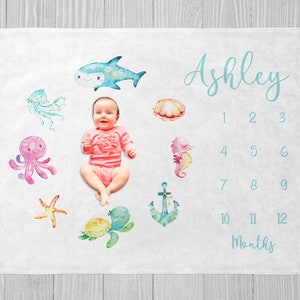 Under The Sea Milestone Blanket, Baby Girl Milestone Blanket, Baby Shower Gift Baby Month Blanket, Personalized Baby Girl Blanket Ocean Baby