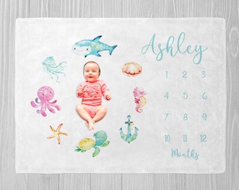 Under The Sea Milestone Blanket, Baby Girl Milestone Blanket, Baby Shower Gift Baby Month Blanket, Personalized Baby Girl Blanket Ocean Baby