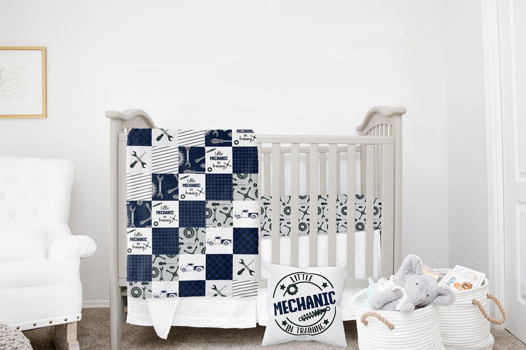 MINI Crib Bedding Set Mechanic Crib Bedding Boy Mini Crib Set Personalized Baby Boy Bedding Mechanic Nursery Blue Mini Crib Sheets Boy Etsy