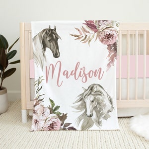 Personalized Horse Baby Blanket, Baby Girl Blanket, Horse Crib Bedding, Baby Name Blanket Baby Shower Gift, Farmhouse Blanket, Horse Nursery