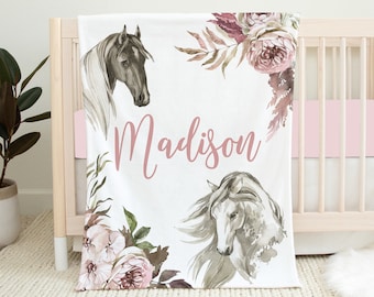 Personalized Horse Baby Blanket, Baby Girl Blanket, Horse Crib Bedding, Baby Name Blanket Baby Shower Gift, Farmhouse Blanket, Horse Nursery