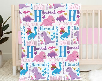 Personalized Dinosaur Baby Blanket, Baby Girl Blanket, Baby Name Blanket, Girl Dinosaur Blanket, Dinosaur Crib Bedding, Baby Shower Gift