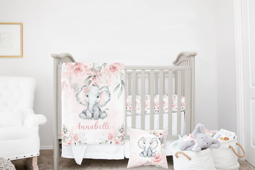 MINI Crib Bedding Set, Pink Elephant Mini Crib Bedding, Baby Girl Crib Bedding, Elephant Nursery