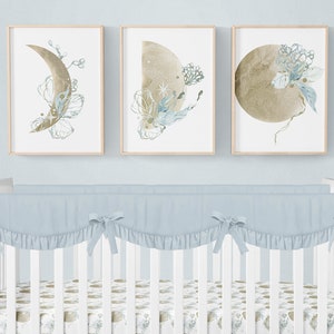 Moon Wall Art, Moon Wall Decor, Floral Moon Nursery Prints, Set of 3, Moon Phases, Girl Nursery Decor, Moon Stars Nursery, Moon Prints, Gold