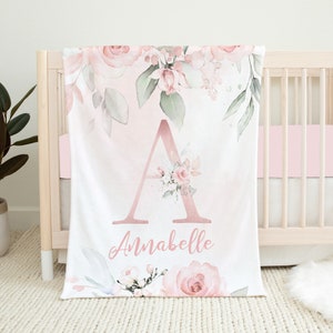 Personalized Floral Baby Blanket, Baby Girl Blanket, Pink Floral Monogram Blanket, Baby Name Blanket, Baby Shower Gift, Floral Crib Bedding