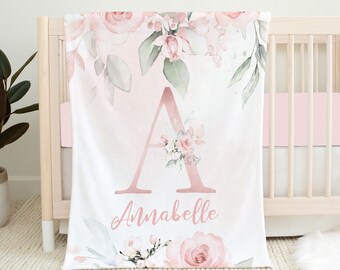 Personalized Floral Baby Blanket, Baby Girl Blanket, Pink Floral Monogram Blanket, Baby Name Blanket, Baby Shower Gift, Floral Crib Bedding