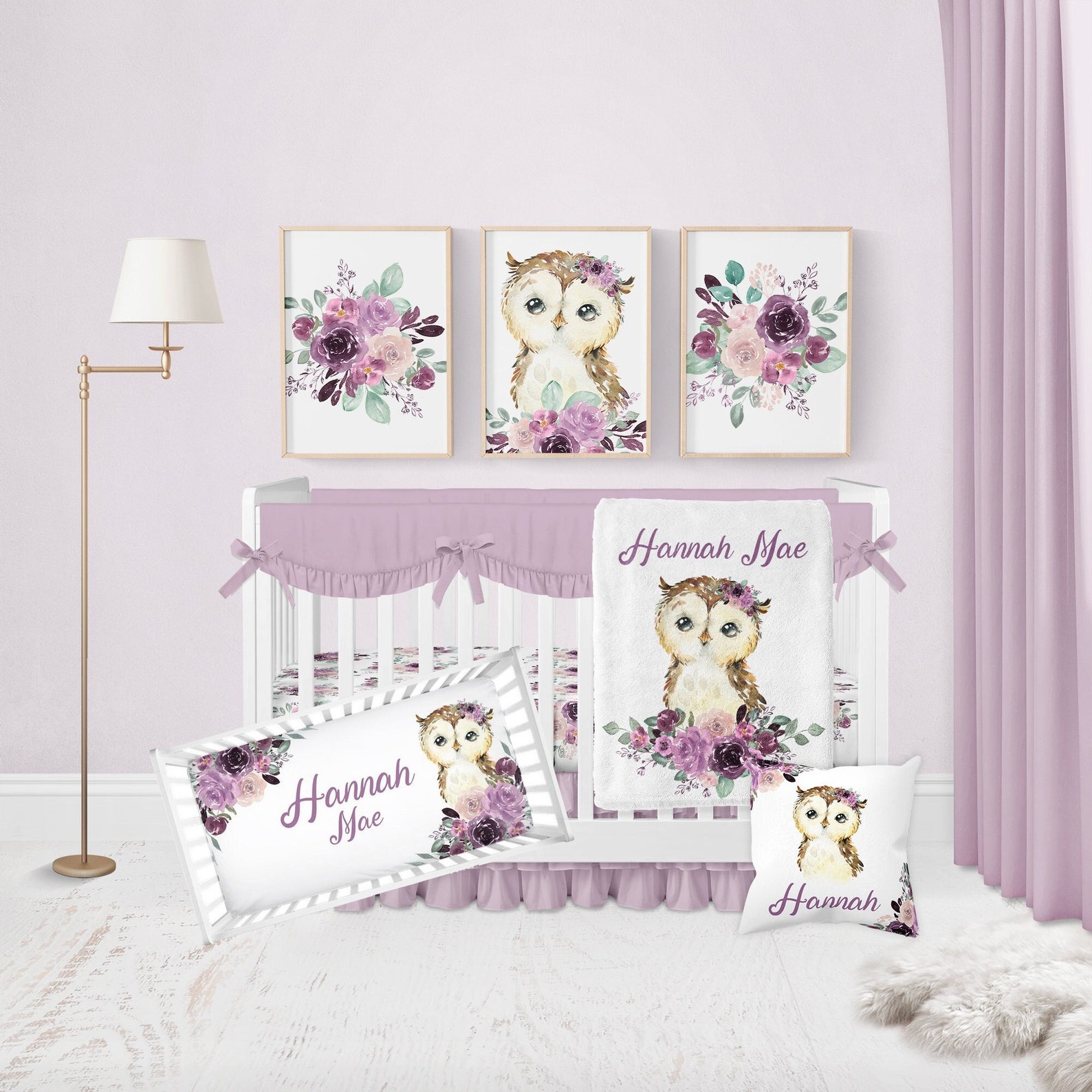 Owl Crib Bedding Set Floral Girl Crib Bedding Purple Nursery Etsy