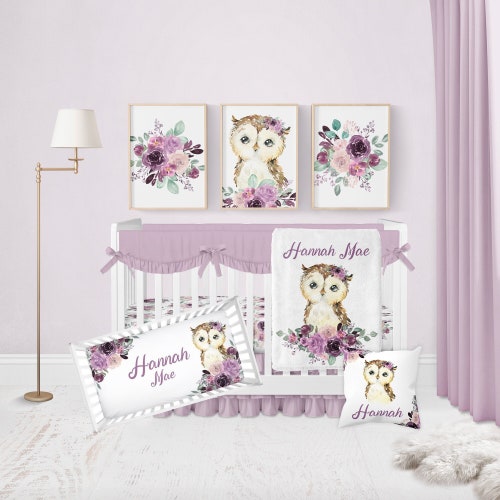 Owl Crib Bedding Set Floral Girl Crib Bedding Purple Nursery Etsy