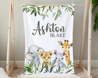 Coperta Safari, Coperta per bambini con animali Safari, Coperta per bambini personalizzata, Asilo nido Safari, Coperta con nome bambino, Biancheria da letto per bambini Safari Arredamento dell'asilo nido Safari