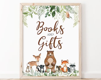 Books and Gifts Sign, Greenery Woodland Baby Shower Sign, Woodland Animals Sign Printable, Birthday Party Baby Shower Decor, Table Sign WS1