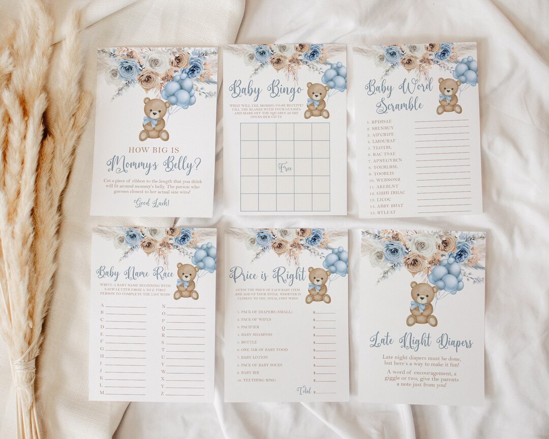 Teddy Bear Baby Shower Games Bundle, Boy Baby Shower Bundle, Blue Boho ...