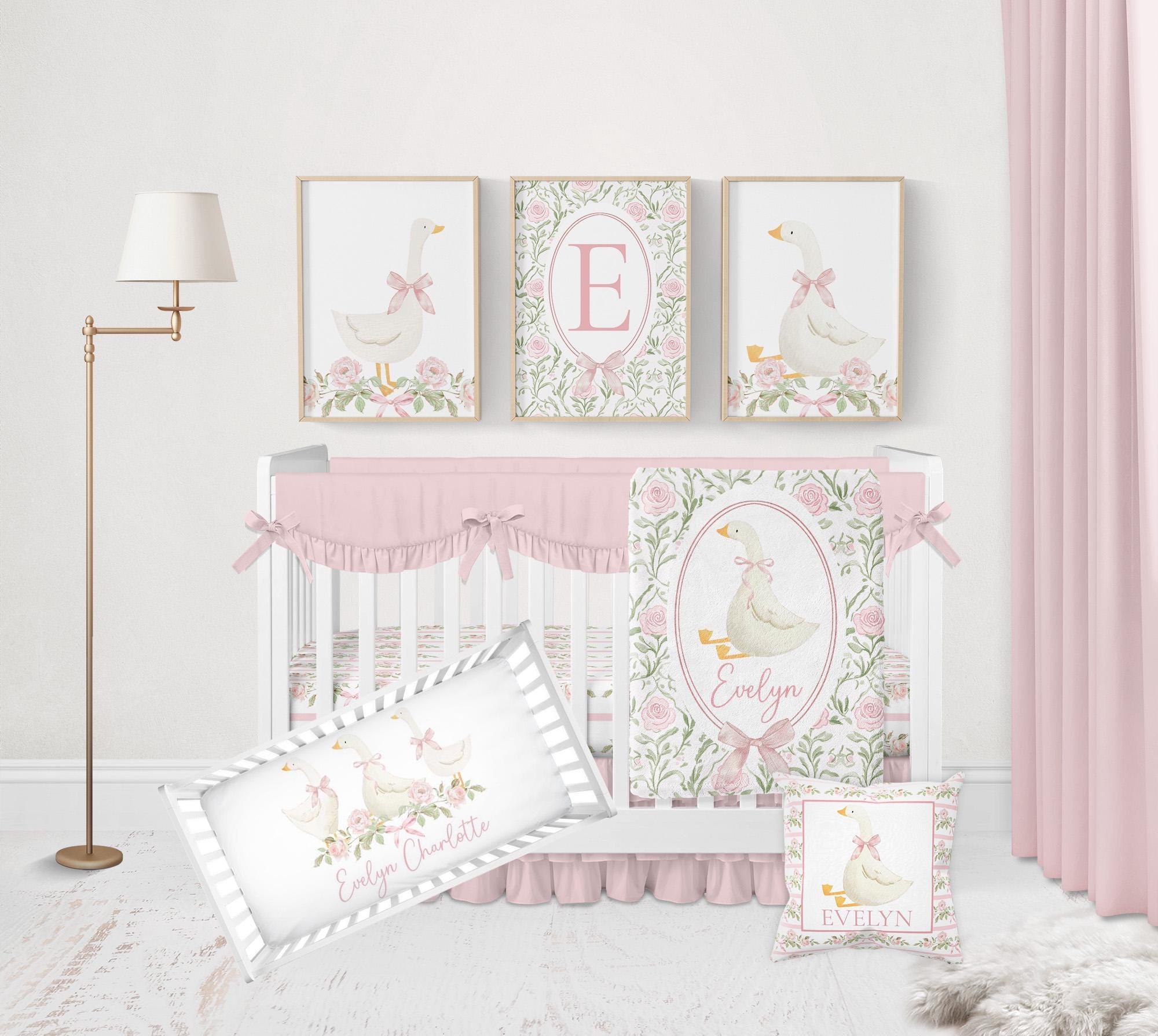 Goose Crib Bedding Set, Pink Floral Baby Girl Bedding Crib Set, Silly