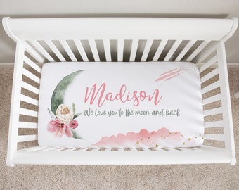 Pink Floral Moon Crib Bedding, Love You to the Moon and Back Baby