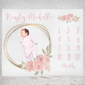 Baby Month Milestone Blanket, Floral Milestone Blanket, Personalized Baby Blanket, Baby Girl Milestone Blanket, New Mom Baby Shower Gift