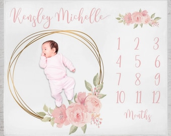 Coperta per traguardo del mese del bambino, coperta floreale per traguardo, coperta personalizzata per neonati, coperta per traguardo della neonata, regalo per baby shower per neomamme