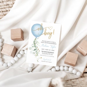 Oh Boy Baby Shower Invitation, Blue Balloon Baby Shower Invite, Oh Boy Baby Shower Editable Invitation Template, Boy Shower Invitation BBS1 image 3