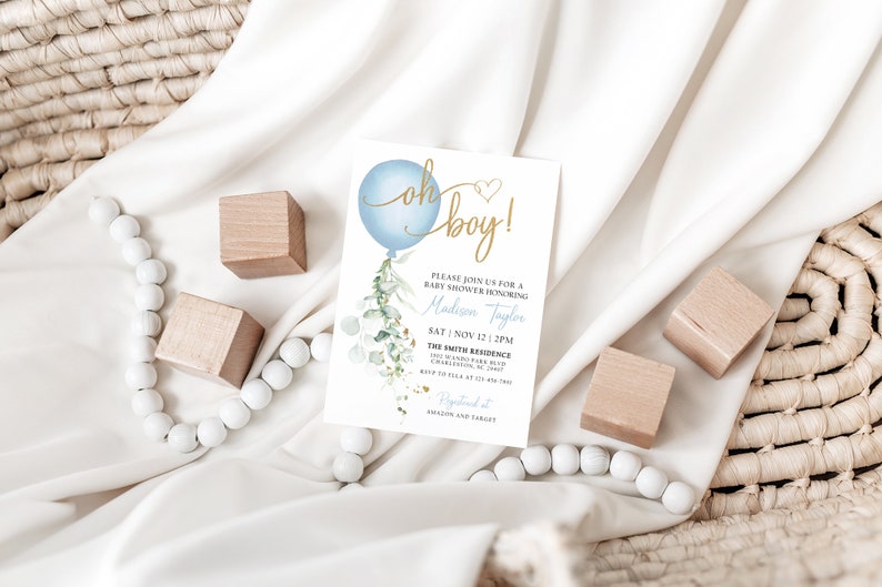 Oh Boy Baby Shower Invitation, Blue Balloon Baby Shower Invite, Oh Boy Baby Shower Editable Invitation Template, Boy Shower Invitation BBS1 image 3