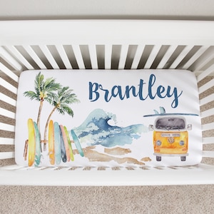 Personalized Surfing Crib Sheet, Crib Sheets Boy, Surfer Crib Bedding, Surfing Nursery, Ocean Nursery, Baby Boy Bedding, Baby Shower Gifts