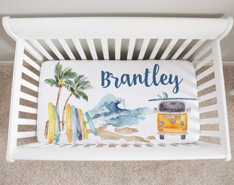 Personalized Surfing Crib Sheet, Crib Sheets Boy, Surfer Crib Bedding, Surfing Nursery, Ocean Nursery, Baby Boy Bedding, Baby Shower Gifts