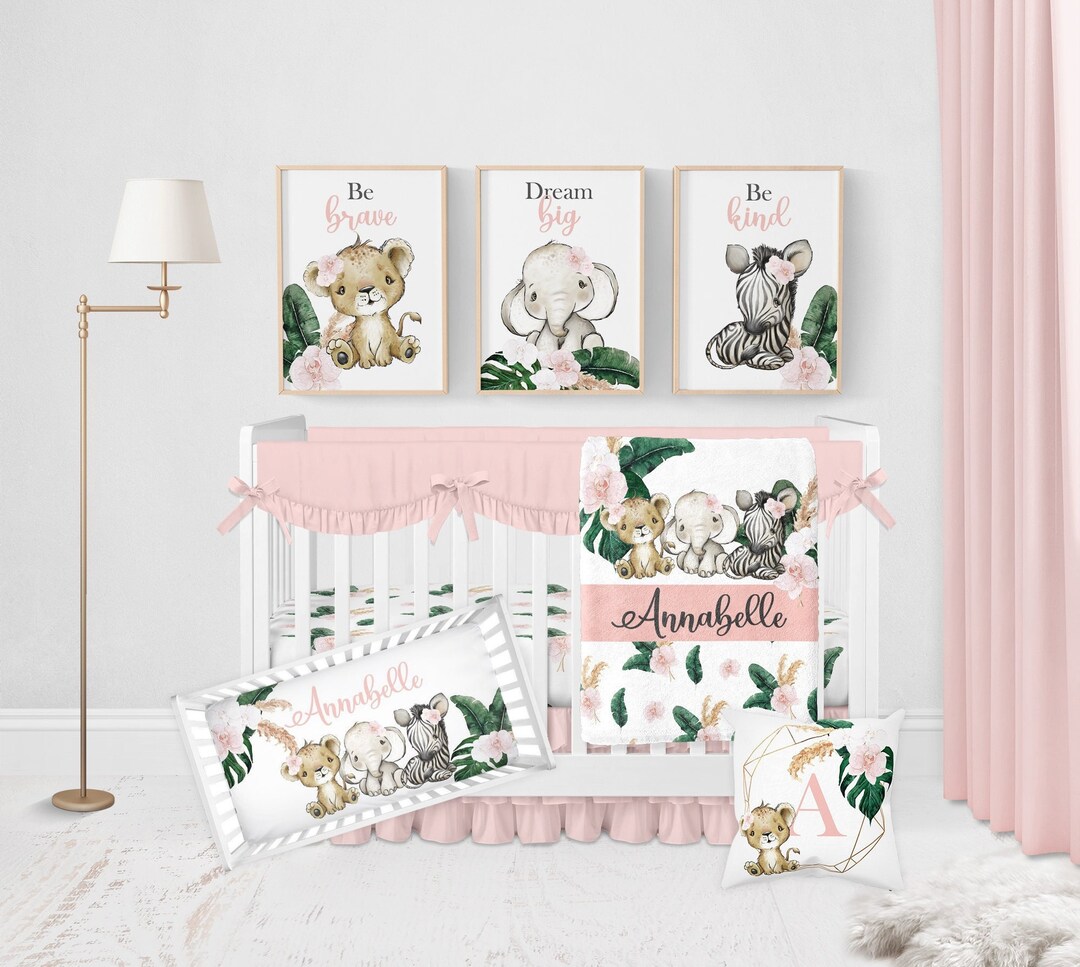 Safari Crib Bedding Set Girl, Baby Girl Crib Bedding, Safari Animal