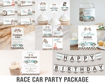 Editable Two Fast Party Decorations, Two Fast Birthday Invitation Package Template, Race Car Birthday Bundle, Birthday Boy Vintage Car, RCB1