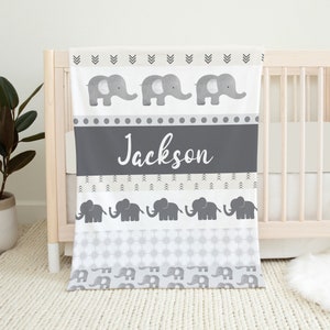 Elephant Baby Blanket, Personalized Baby Boy Blanket, Safari Baby Blanket, Baby Shower Gift, Elephant Crib Bedding, Neutral Nursery Bedding