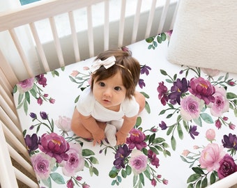 Pink And Purple Floral Crib Sheet, Floral Crib Bedding, Floral Nursery, Baby Girl Crib Bedding, Mauve Floral Crib Sheet, Mauve Nursery