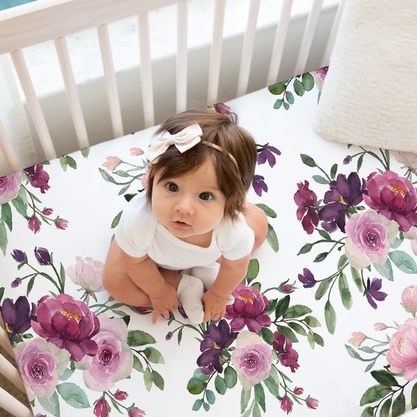 Pink And Purple Floral Crib Sheet, Floral Crib Bedding, Floral Nursery, Baby Girl Crib Bedding, Mauve Floral Crib Sheet, Mauve Nursery