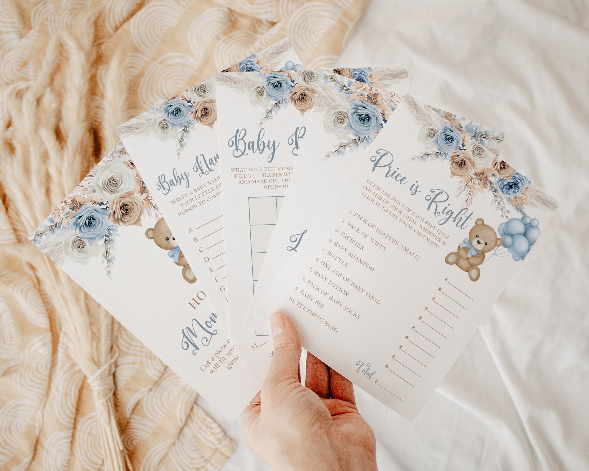 Teddy Bear Baby Shower Games Bundle, Boy Baby Shower Bundle, Blue Boho ...