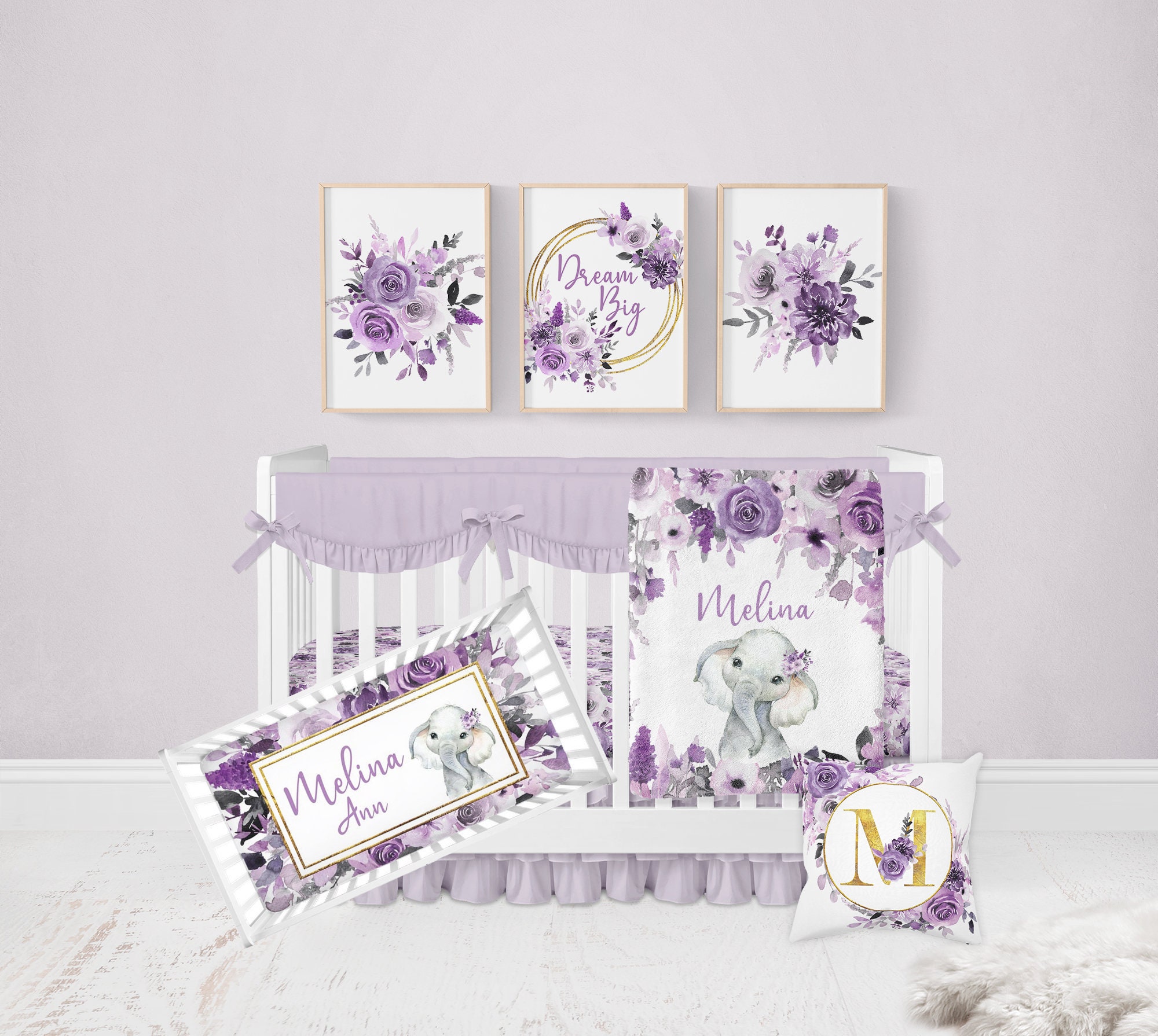 Elephant Baby Bedding Set, Purple Crib Bedding Set, Purple Elephant