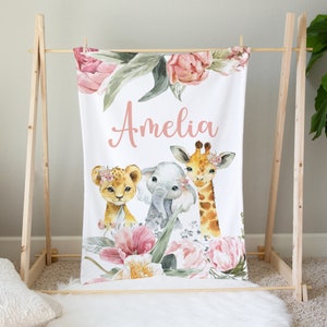 Personalized Safari Baby Blanket, Floral Baby Girl Blanket, Safari Animals Blanket, Baby Shower Gift, Baby Name Blanket, Safari Baby Bedding