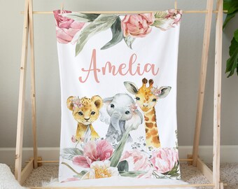 Personalized Safari Baby Blanket, Floral Baby Girl Blanket, Safari Animals Blanket, Baby Shower Gift, Baby Name Blanket, Safari Baby Bedding