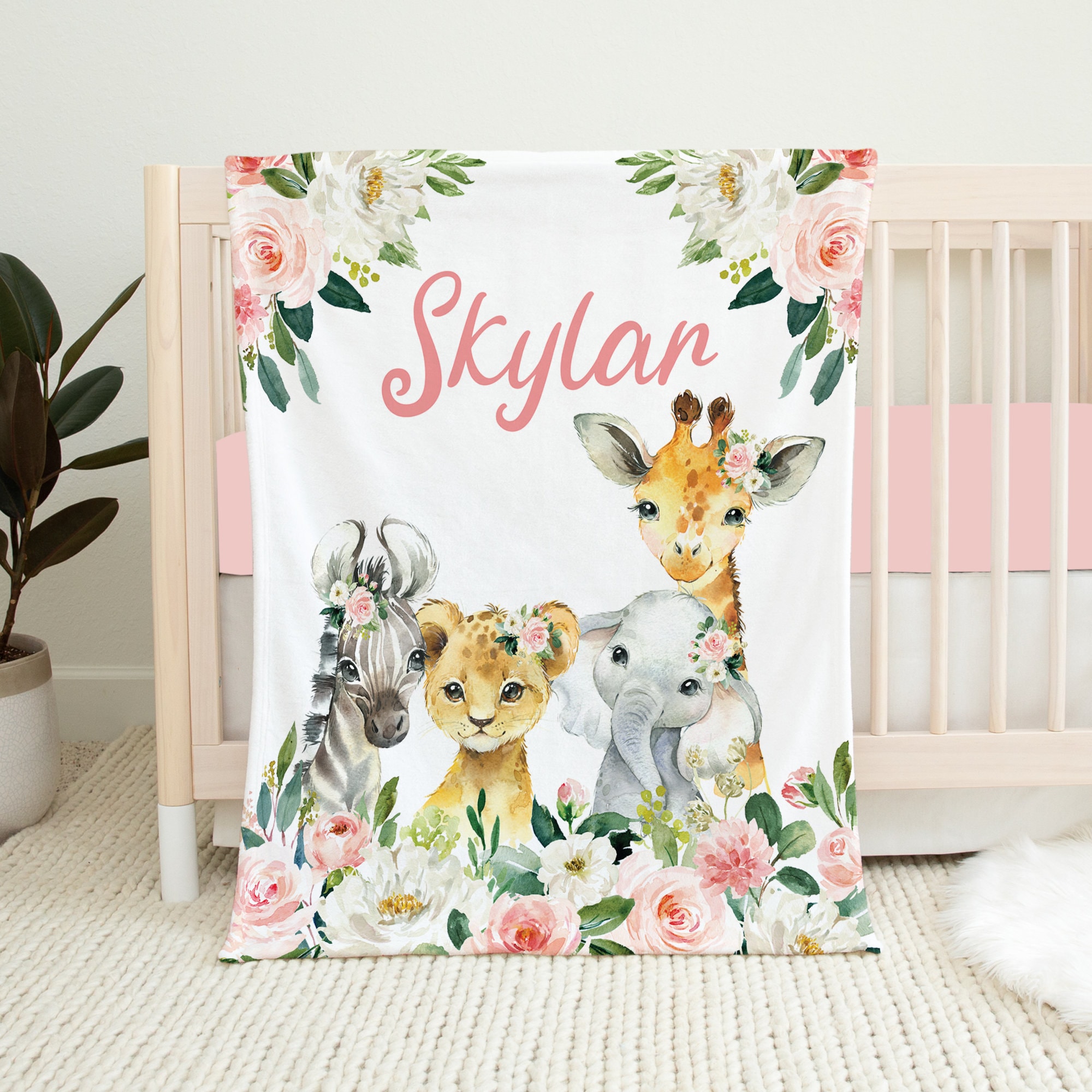 Personalized Safari Baby Blanket, Name Blanket, Baby Girl Blanket ...