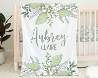 Manta de bebé de greenery personalizada, manta de niña, manta de nombre de bebé, regalo de baby shower, ropa de cama de cuna de greenery, ropa de cama de cuna de niña neutral