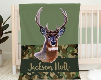 Personalized Deer Baby Blanket, Camo Baby Blanket, Name Blanket, Baby Boy Blanket, Camo Crib Bedding, Baby Shower Gift, Hunting Baby Blanket