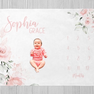 Mijlpaaldeken babymeisje, mijlpaaldeken roze bloemen, gepersonaliseerde deken babymeisje, babyshowercadeau, maandelijkse groeideken bloemen