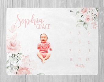 Baby-Meilenstein-Decke, rosa Blumen-Meilenstein-Decke, personalisierte Baby-Decke, Baby-Dusche-Geschenk, Blumen-monatliches Wachstums-Decke