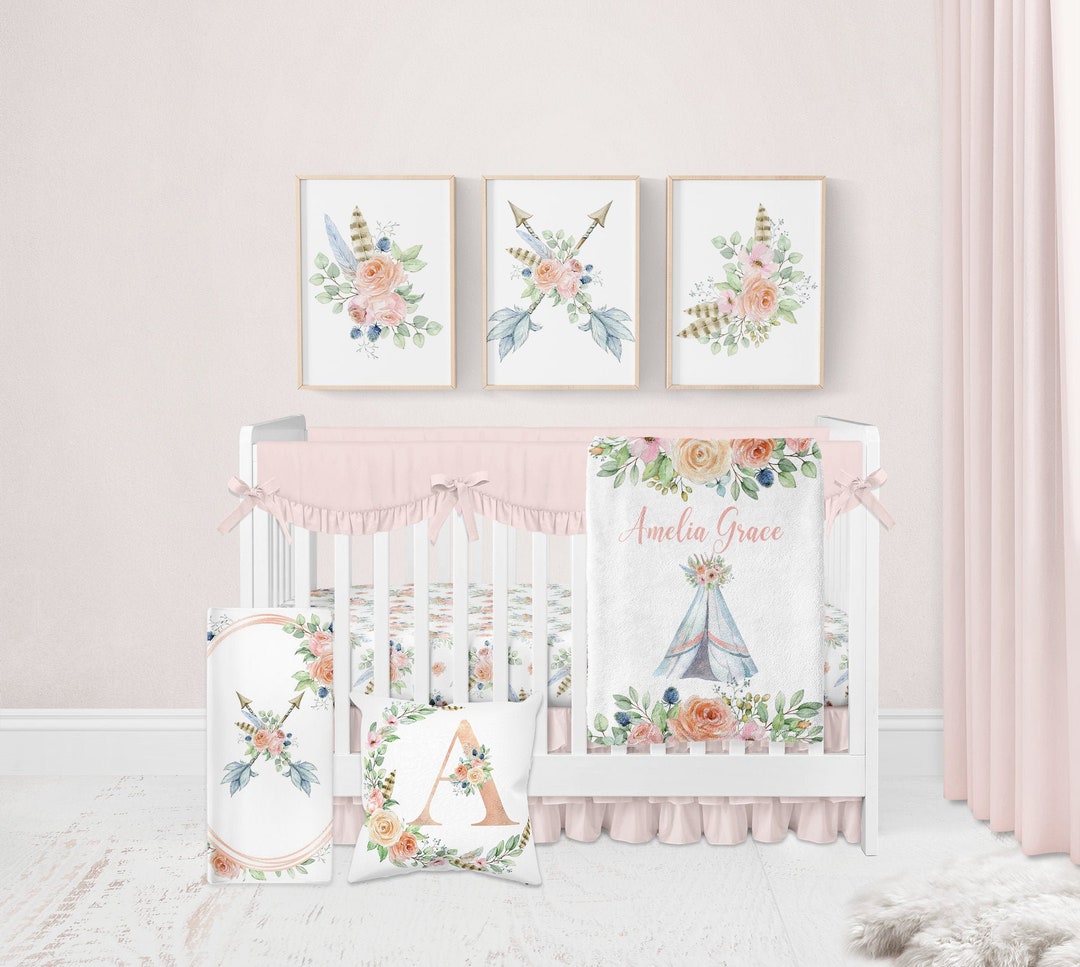 Boho Crib Bedding Set, Baby Girl Crib Bedding, Nursery Bedding Girl