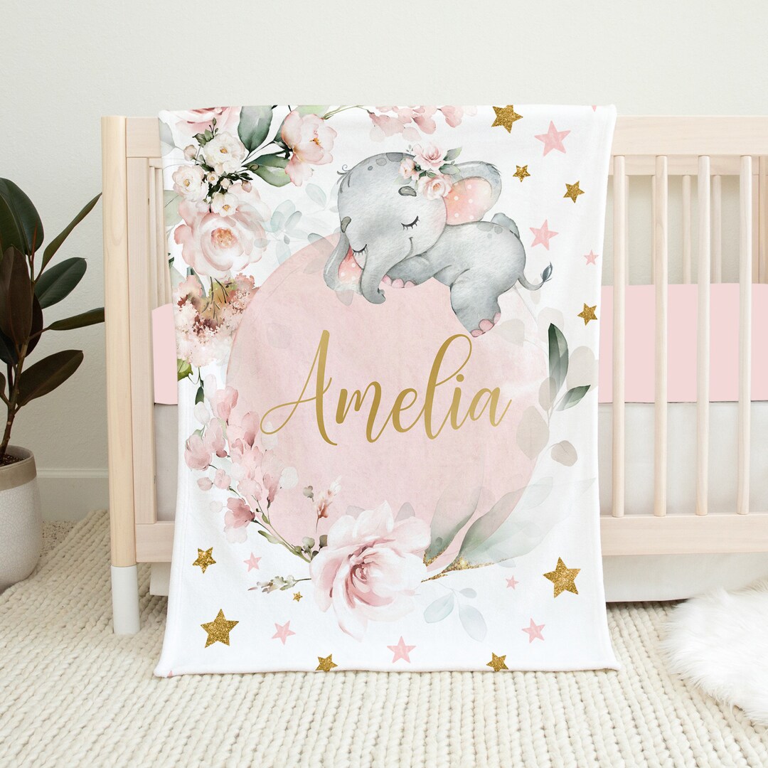 Personalized Elephant Baby Blanket, Custom Baby Girl Blanket, Pink Baby