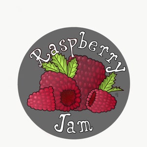 May include: A round, gray label with the text "Raspberry Jam" in white cursive lettering. The label features a cluster of red raspberries with green leaves.