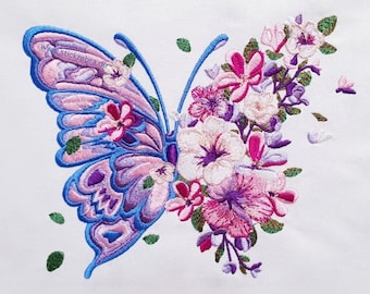 Butterfly embroidery design, flower butterfly embroidery pattern, summer motif machine embroidery, full stitch, instant download