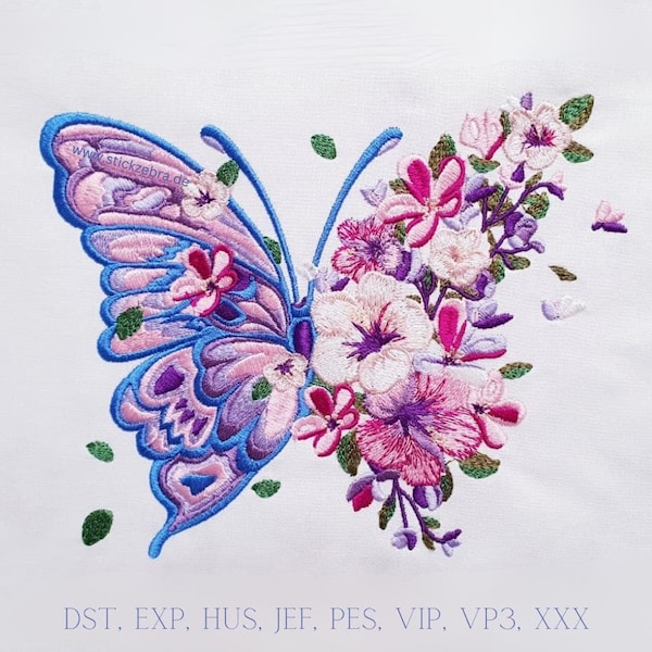 Butterfly embroidery design, flower butterfly embroidery pattern, summer motif machine embroidery, full stitch, instant download