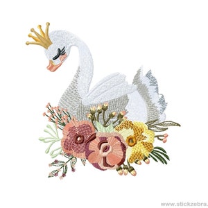 May include: Embroidered design of a white swan with a gold crown, surrounded by pink, yellow, and green flowers.
