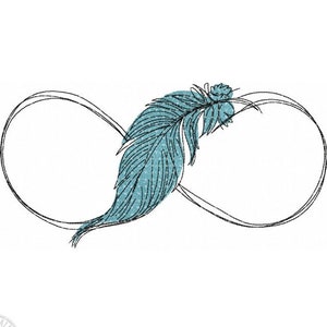 Puede incluir: Un diseño de pluma azul dentro de un símbolo de infinito. La pluma está detallada con un patrón texturizado.