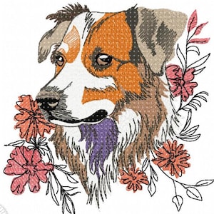 Dog Embroidery Design, Dog with Flower Summer Motive, Patterns for Machine embroidery design, pes, hus, dst, INSTANT DOWNLOAD