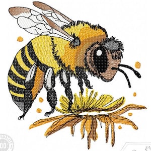 May include: A yellow and black bee with brown and black legs is perched on a yellow flower with brown petals. The bee has large black eyes and is collecting pollen from the flower.