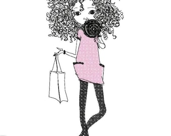 Borduurpatroon van een winkelend meisje, modieus borduurpatroon van een meisje, machineborduurwerk van een winkelend meisje, schattig doodle-ontwerp van een vrouw, direct te downloaden.
