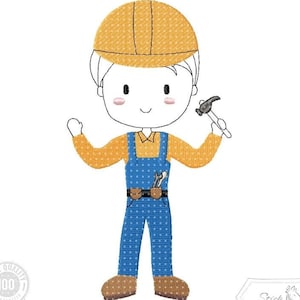 Könnte beinhalten: Eine Cartoon-Illustration eines Bauarbeiters, der einen gelben Helm, einen blauen Overall mit weißen Punkten und einen braunen Gürtel mit Werkzeug trägt. Der Arbeiter hält einen Hammer in der rechten Hand und hat ein lächelndes Gesicht.