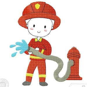 Könnte beinhalten: Eine Cartoon-Illustration eines Feuerwehrmanns, der einen Schlauch hält, aus dessen Ende Wasser spritzt. Der Feuerwehrmann trägt einen roten Helm und eine rot-gelbe Uniform mit weißen Punkten. Im Hintergrund befindet sich ein roter Hydrant.